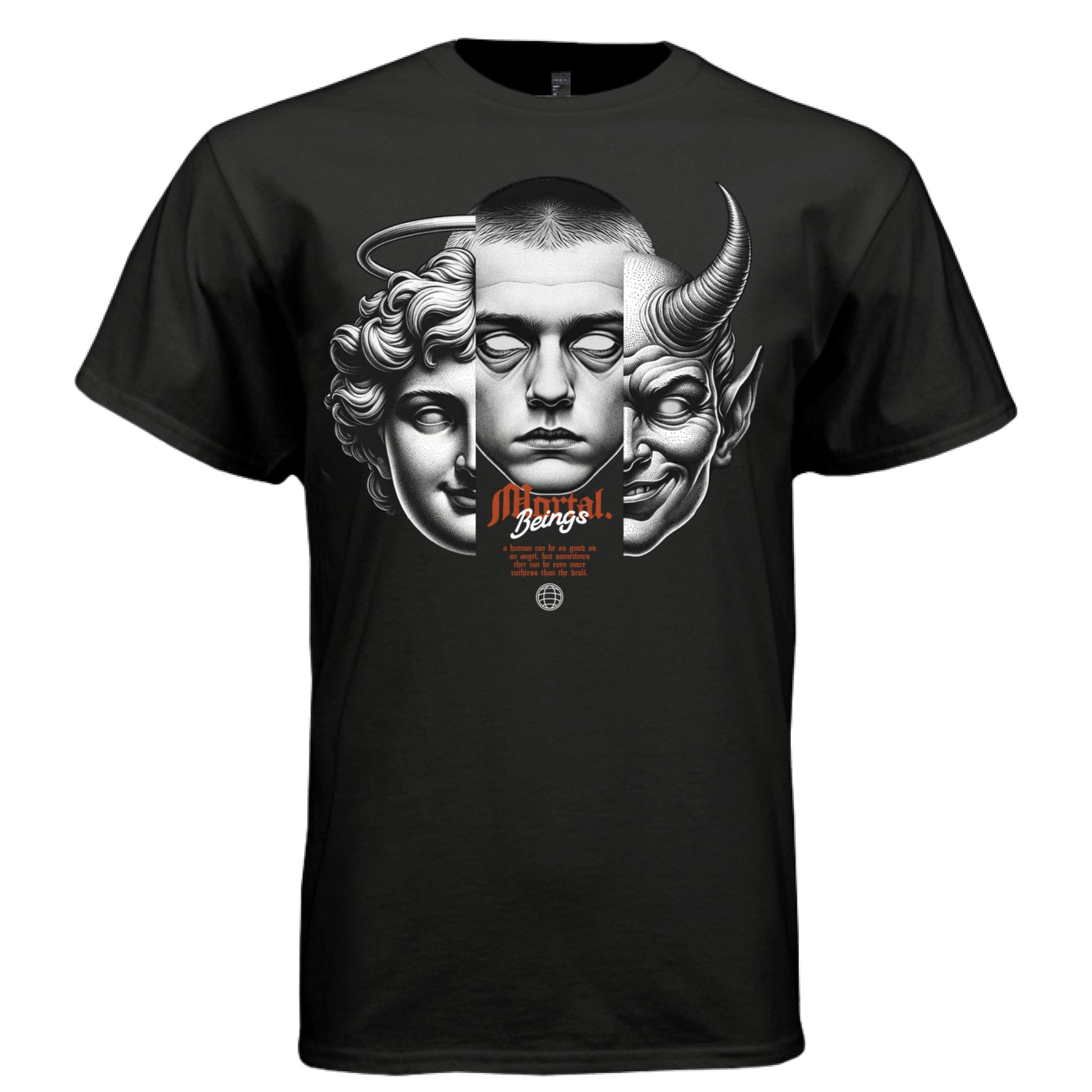 black white fine line angel devil human trifaced mortal statement shirt Project Hood