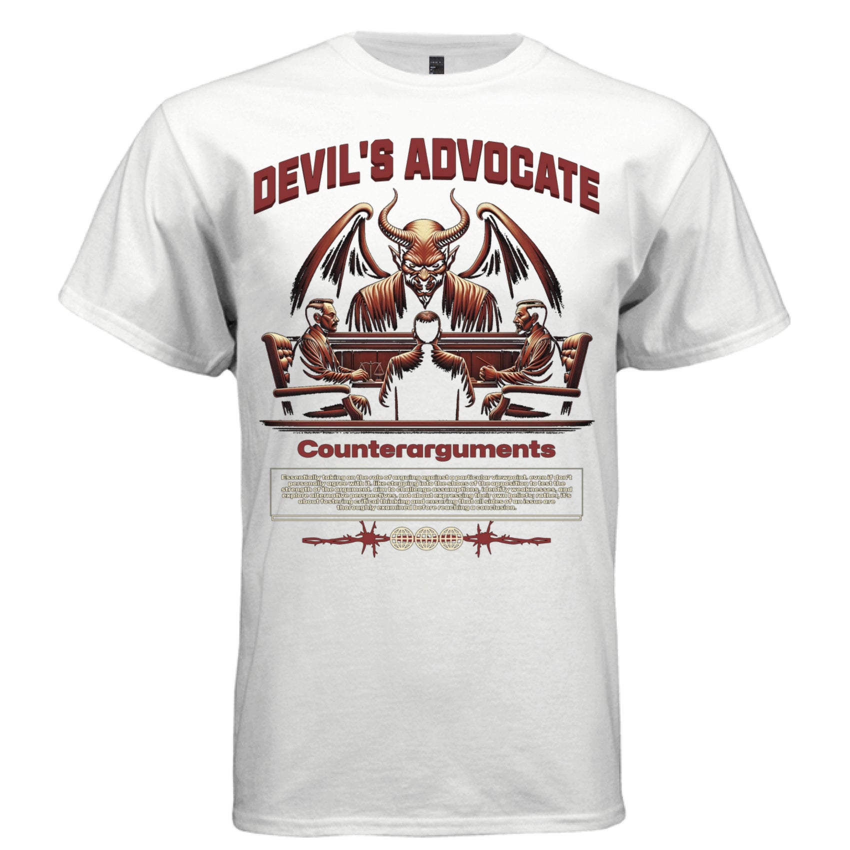 counterarguments demon in fringe jacket presiding two suited men graphic shirt Project Hood