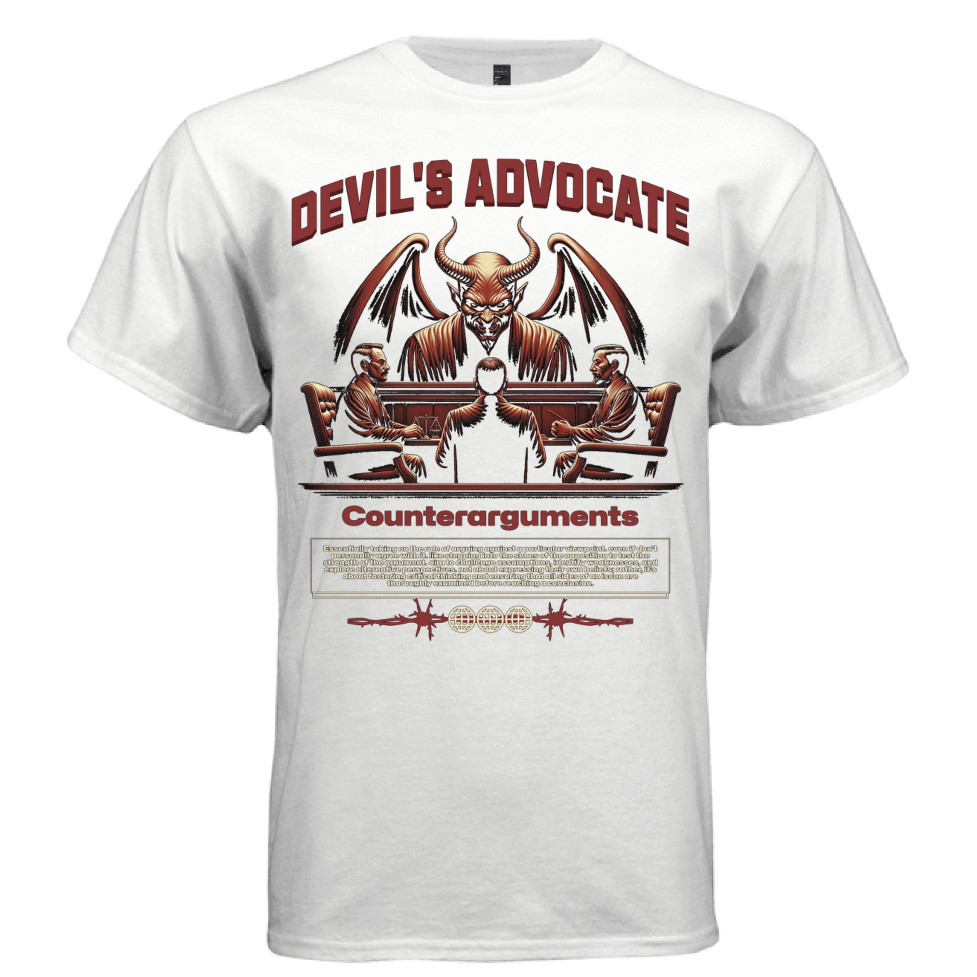 counterarguments demon in fringe jacket presiding two suited men graphic shirt Project Hood