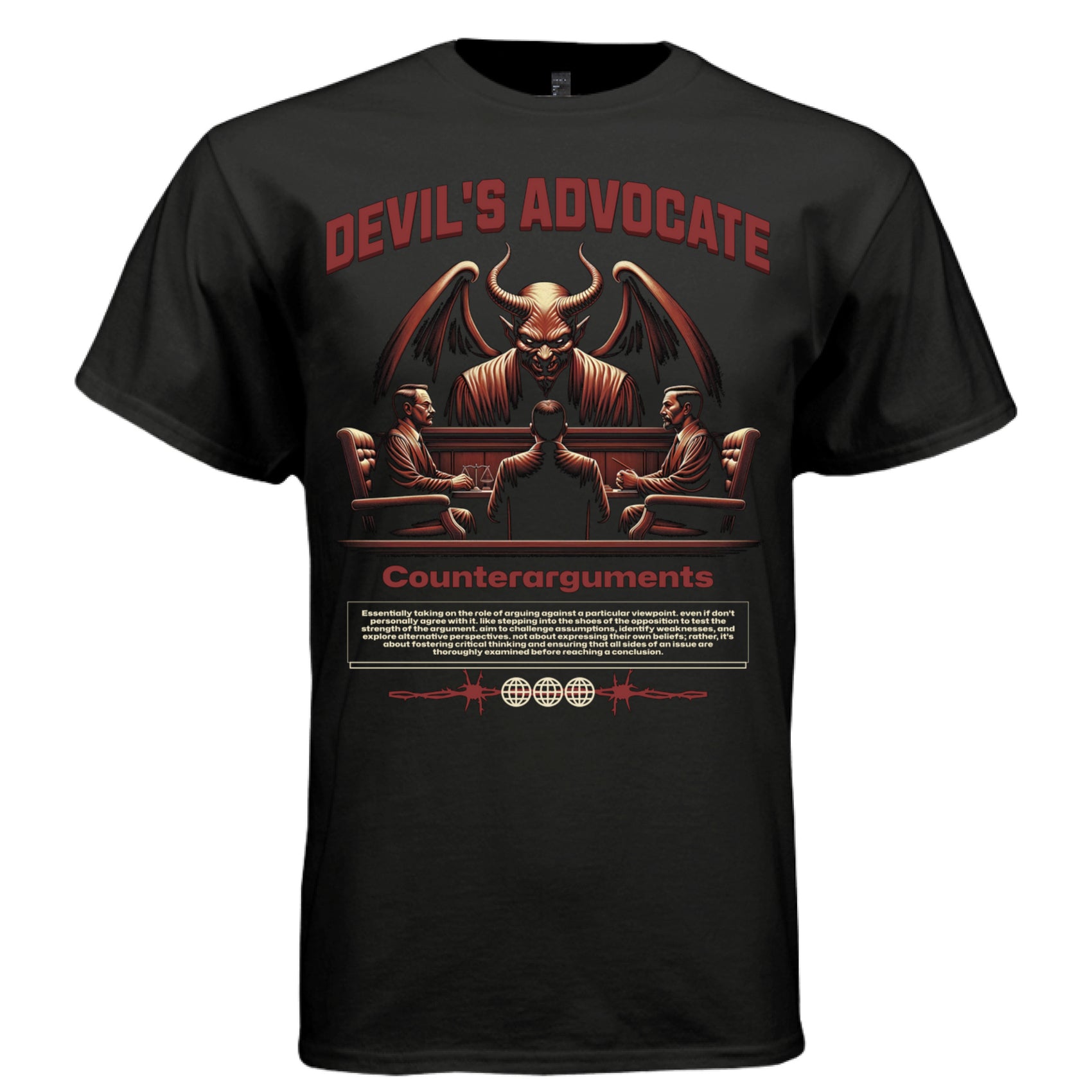 devil's advocate barbed wire globe icons banner fine print oversized DTG Project Hood