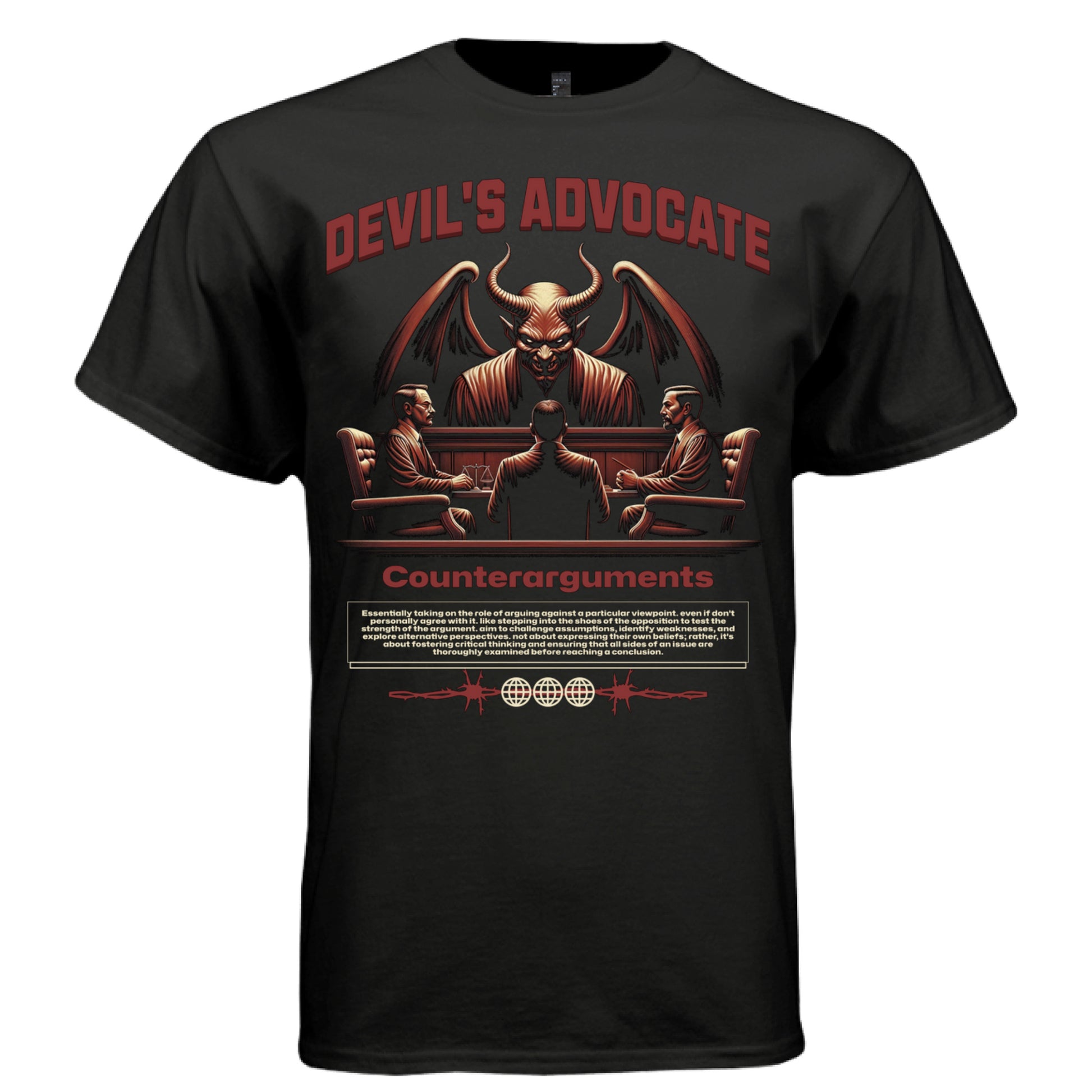 devil's advocate barbed wire globe icons banner fine print oversized DTG Project Hood