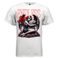 Dark angel with feathered wings hugging gravestone surrounded by red roses on black tee