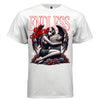 Dark angel with feathered wings hugging gravestone surrounded by red roses on black tee