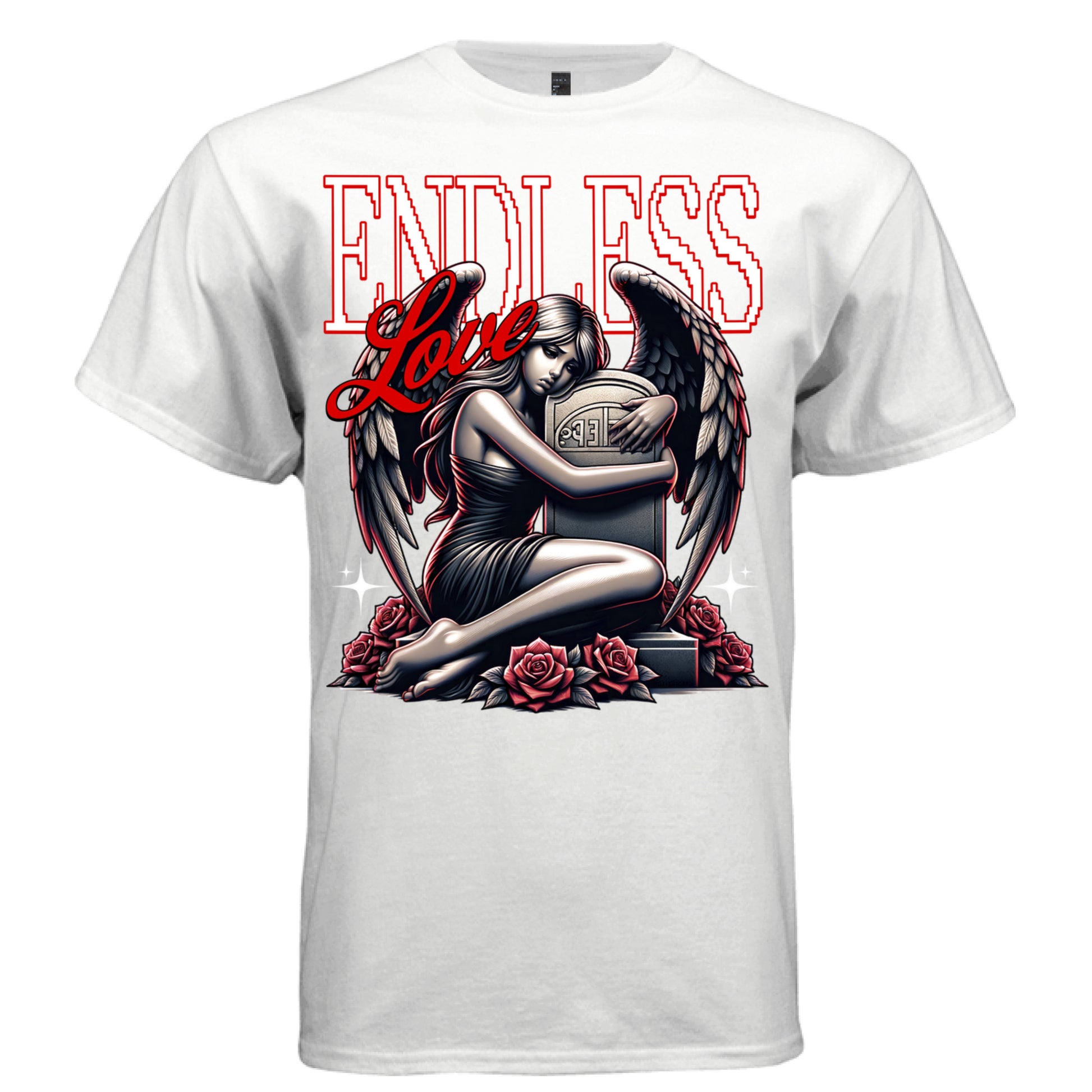 Dark angel with feathered wings hugging gravestone surrounded by red roses on black tee