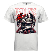 Dark angel with feathered wings hugging gravestone surrounded by red roses on black tee