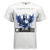 Half robot half angel blue vector graphic tee with wings and rifle Project Hood