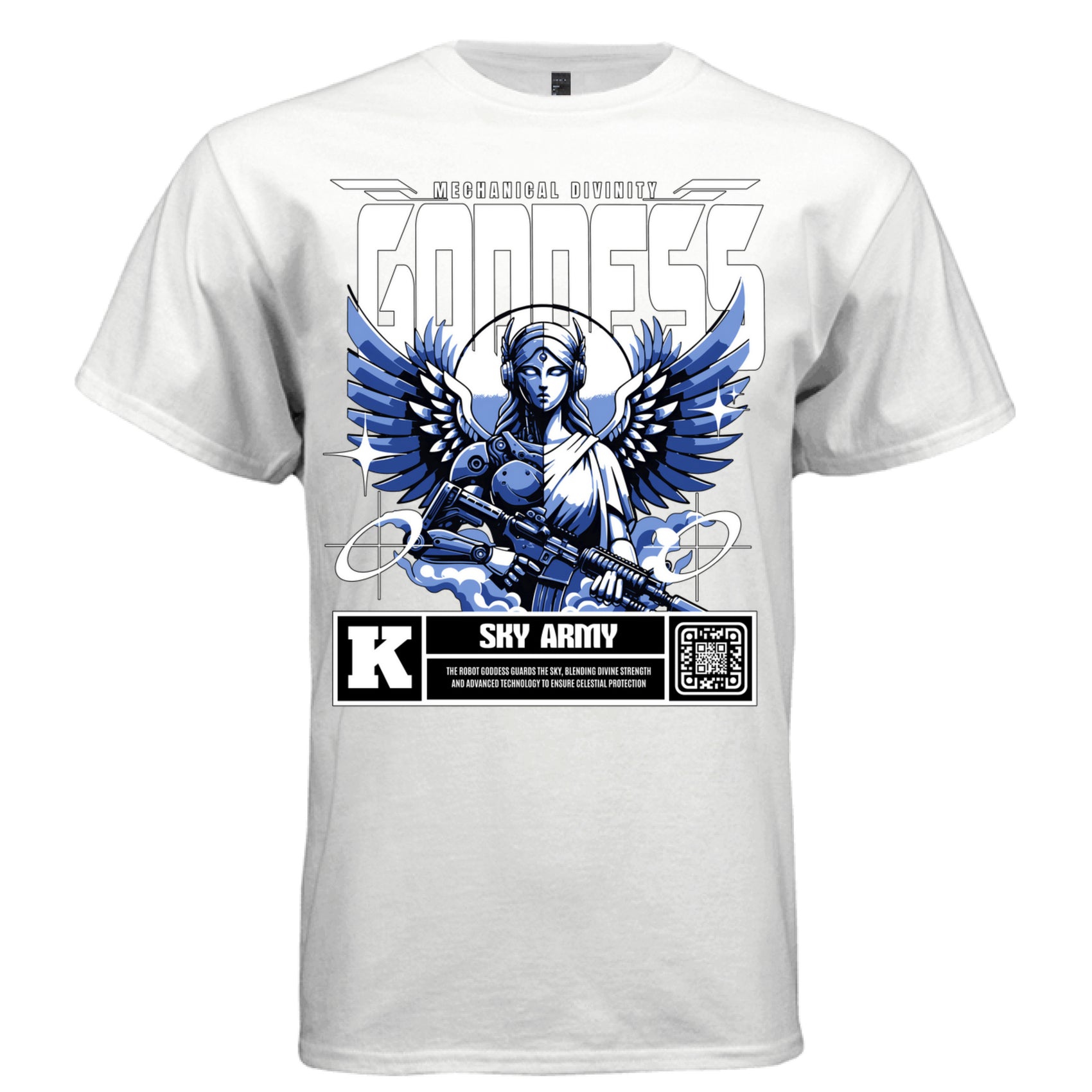 Half robot half angel blue vector graphic tee with wings and rifle Project Hood