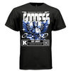 Divine technology goddess with headphones and assault rifle blue graphic tee Project Hood