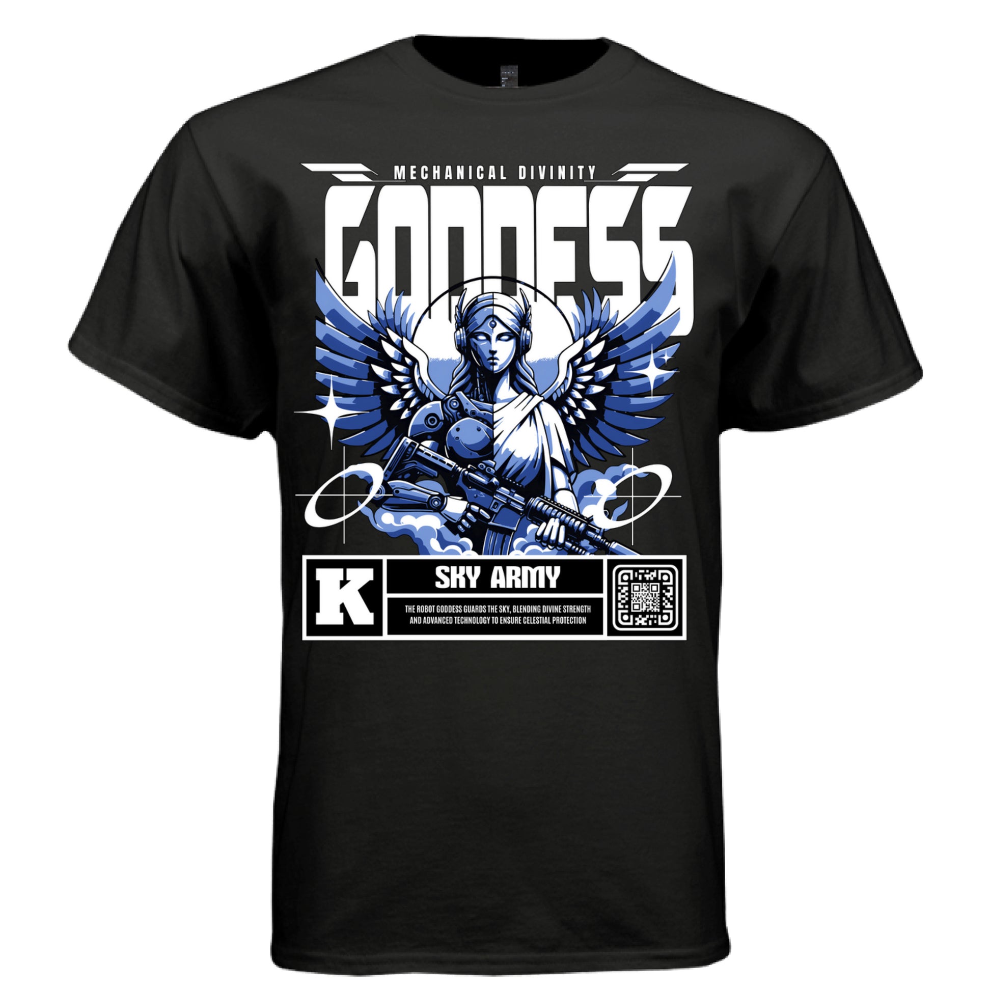 Divine technology goddess with headphones and assault rifle blue graphic tee Project Hood