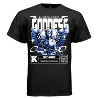 Divine technology goddess with headphones and assault rifle blue graphic tee Project Hood