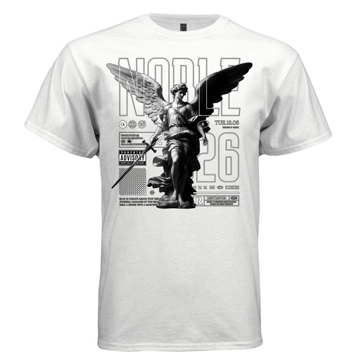 NOBLE Angel Warrior Sword B&W Archangel Oversized Streetwear T-Shirt | Project Hood 142 - Project Hood
