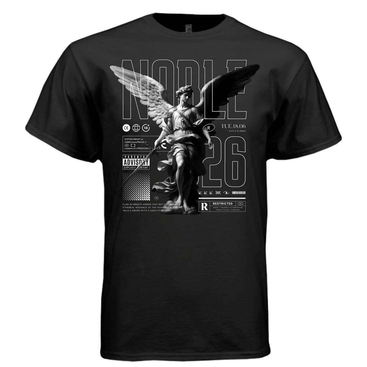 NOBLE Angel Warrior Sword B&W Archangel Oversized Streetwear T-Shirt | Project Hood 142 - Project Hood