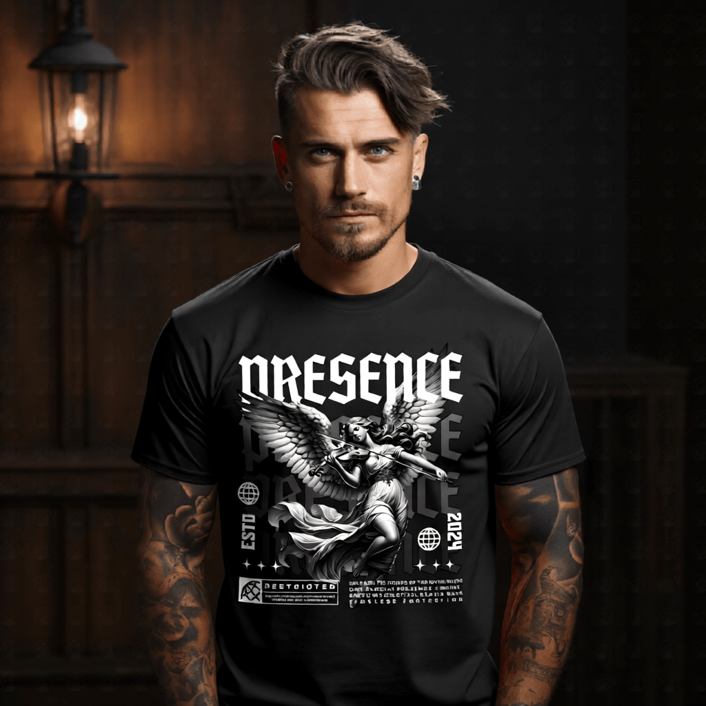 PRESENCE Angel Violin Divine Monochrome Oversized Streetwear T-Shirt | Project Hood 165 - Project Hood