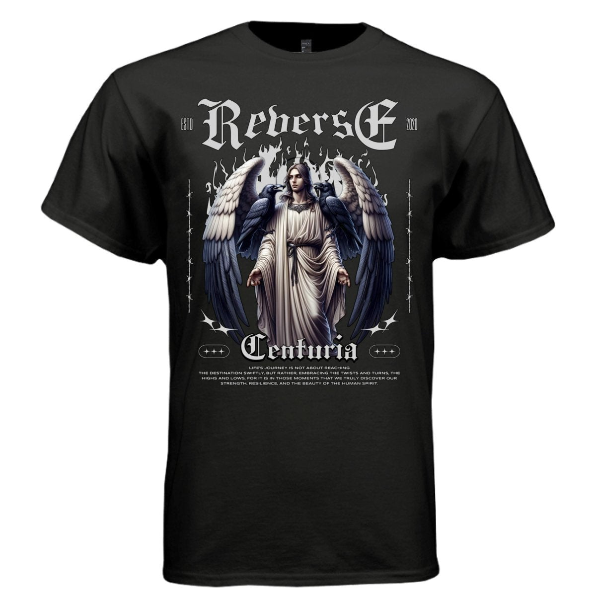 Reverse Centuria Gothic Angel Wings Oversized Streetwear T-Shirt | Raven Angel Inspirational Quote Graphic Tee 1 - Project Hood