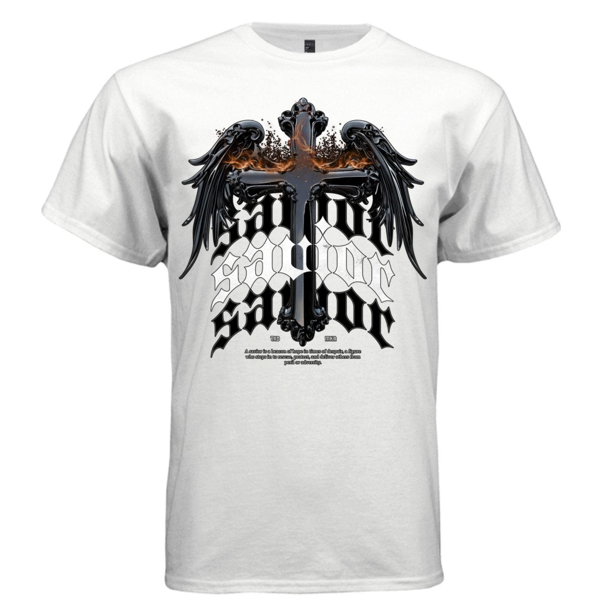 SAVIOR Winged Cross Fire Gothic Blackletter Oversized Streetwear T-Shirt | Project Hood 169 - Project Hood
