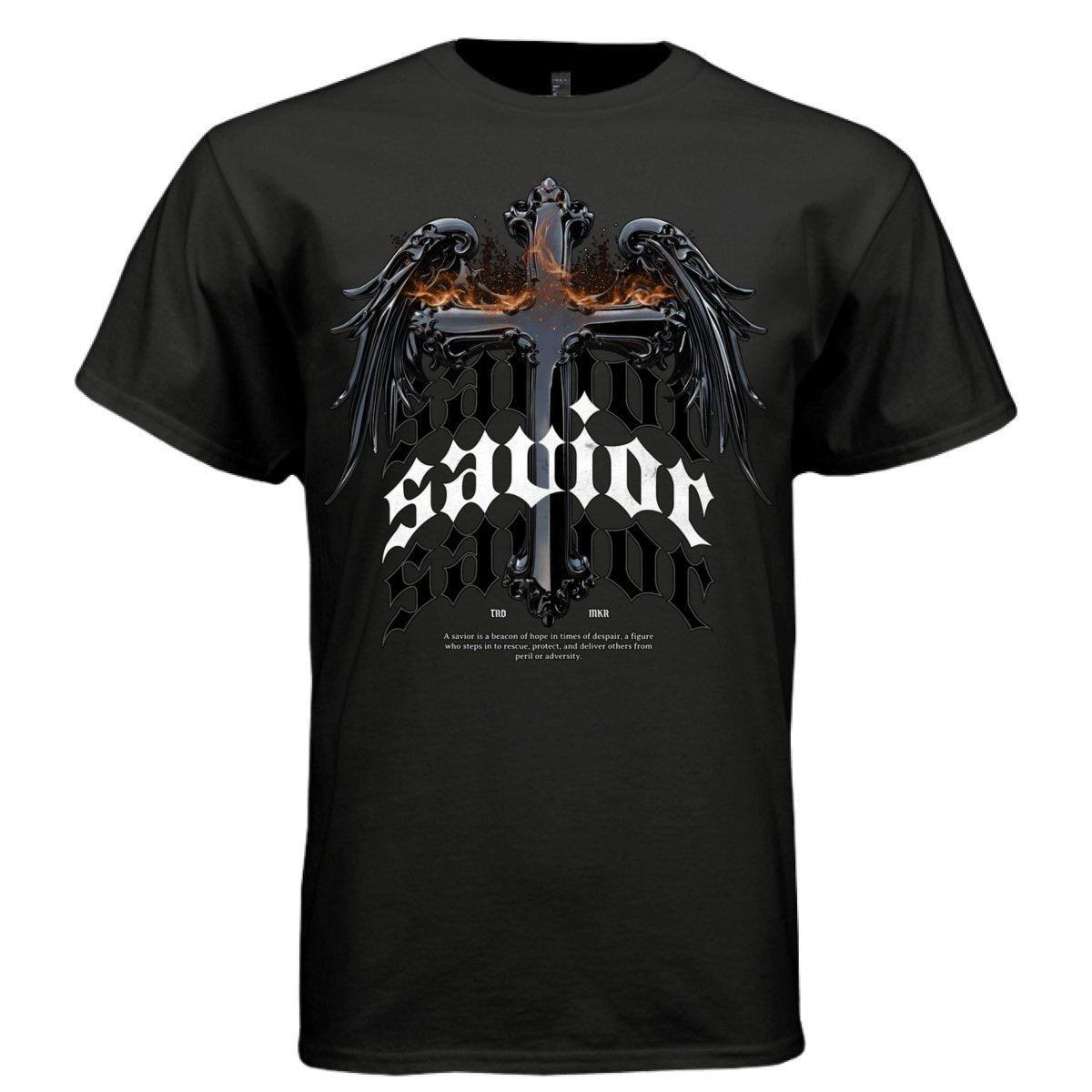 SAVIOR Winged Cross Fire Gothic Blackletter Oversized Streetwear T-Shirt | Project Hood 169 - Project Hood