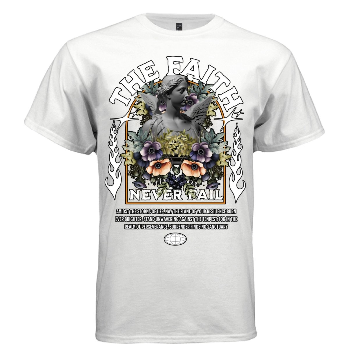The Faith Never Fail Oversized Streetwear T-Shirt | Classical Angel Statue Botanical Gothic Graphic Tee | Project Hood 19 - Project Hood