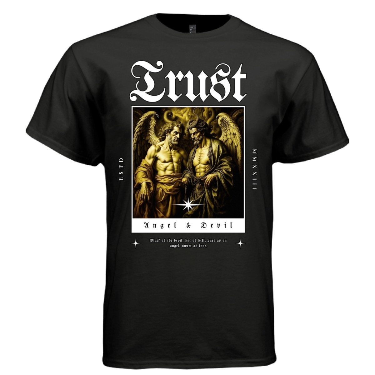Trust Angel & Devil Oversized Streetwear T-Shirt | Gothic Blackletter Duality Graphic Tee | Project Hood 11 - Project Hood