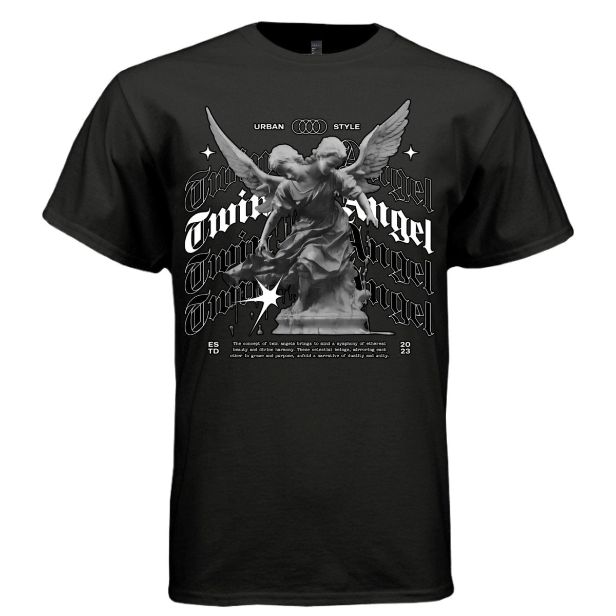 Twin Angel Urban Style Graphic T-Shirt | Gothic Calligraphy Streetwear | Duality and Unity | Project Hood 39 - Project Hood