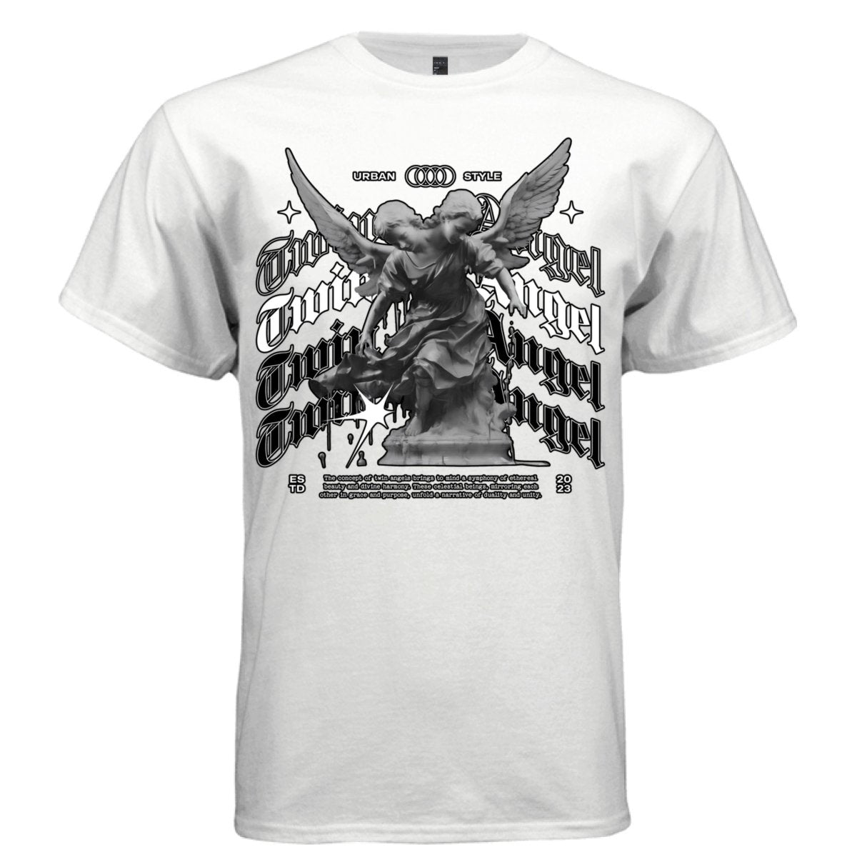 Twin Angel Urban Style Graphic T-Shirt | Gothic Calligraphy Streetwear | Duality and Unity | Project Hood 39 - Project Hood